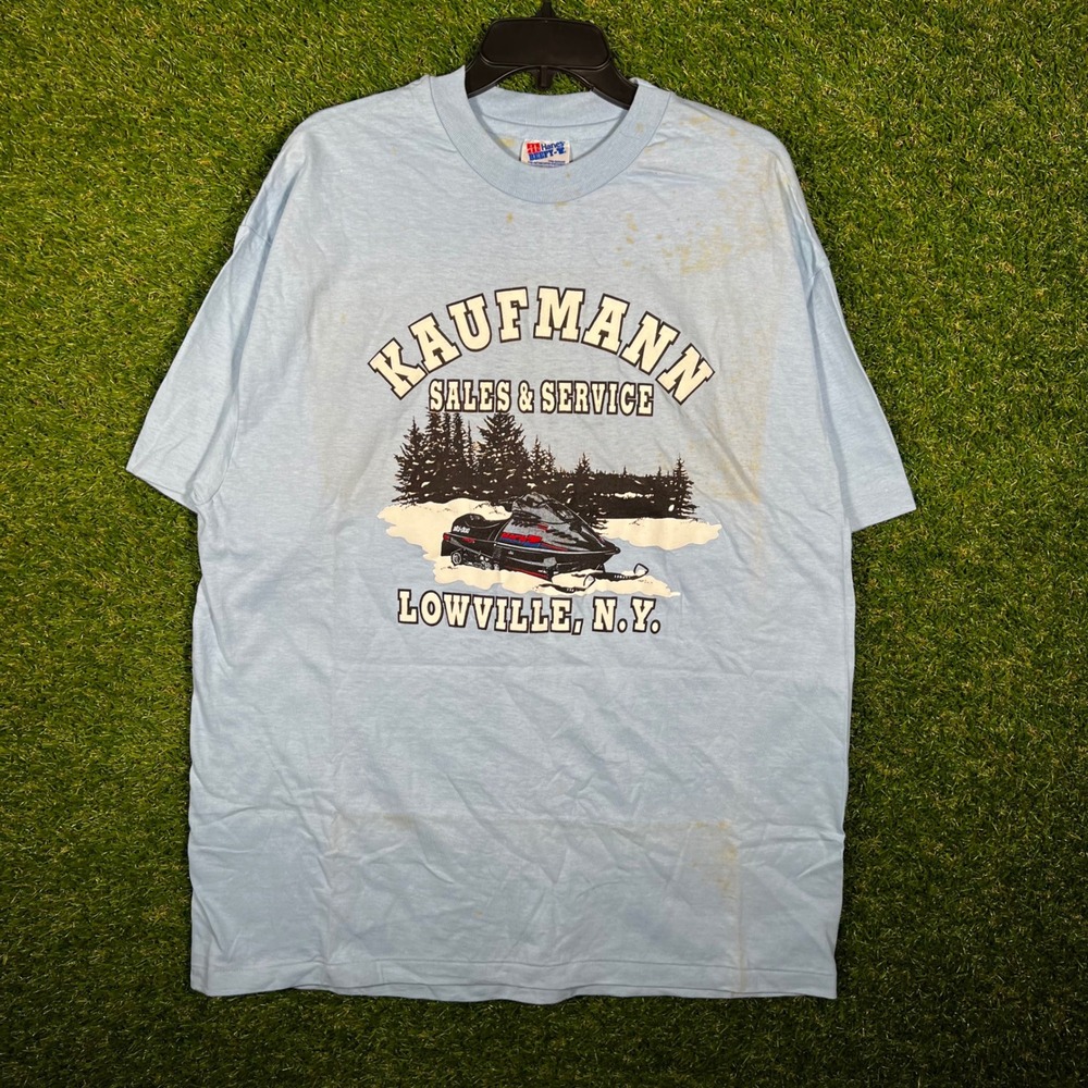 Vintage Hanes Beefy-T Kaufmann Snowmobile Lowville NY T-Shirt XL Light Blue 90s
